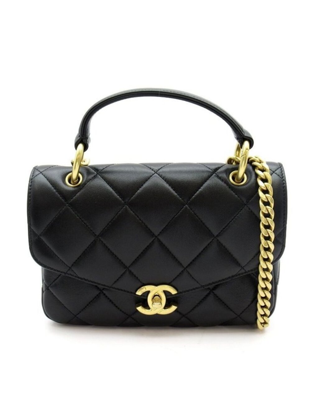 Chanel Quilted Top Handle Flap Bag Lambskin Handbag Black